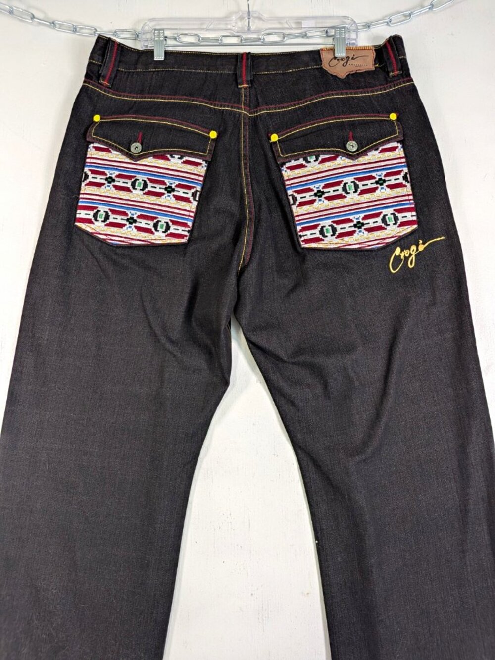 Y2K Vintage Coogi Baggy Jeans Mens 40x34 Dark Wash Aztec Pocket Embroidered